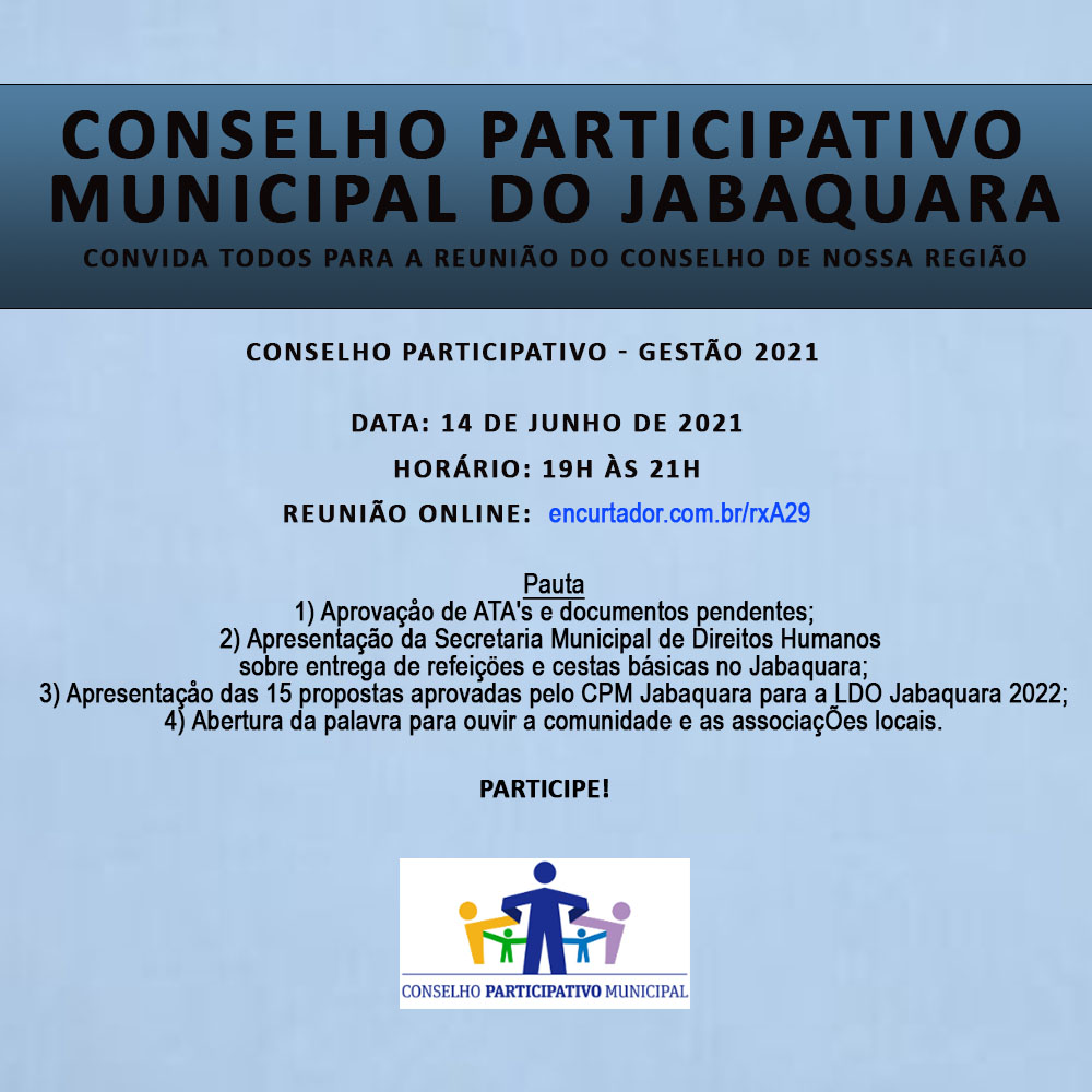 Convite para reunião conselho participativo, 14/06, às 19h